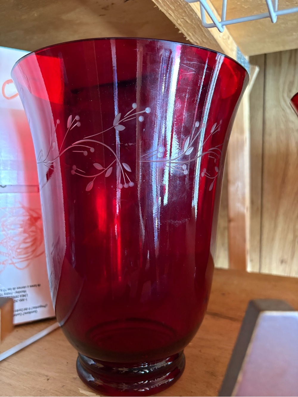 Longaberger Red Etched Glass 10" Hurricane Candle Holder